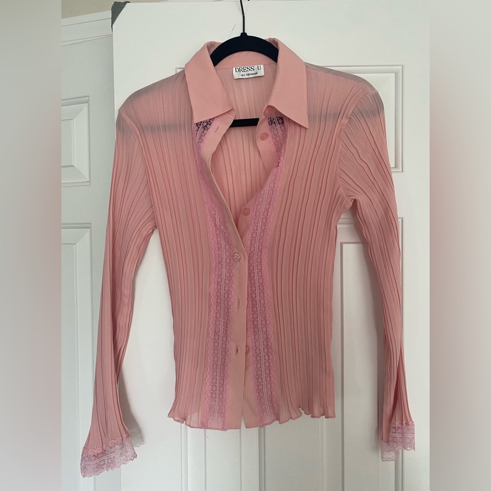 Pink Pleated and Lace Blouse